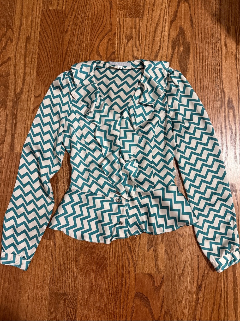 Chevron Ruffle Button-Down Blouse - Teal & White